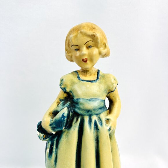Carnival Chalkware Antique Girl Figurine Green Blue Dress Art Deco 1920s 6” - Picture 3 of 8
